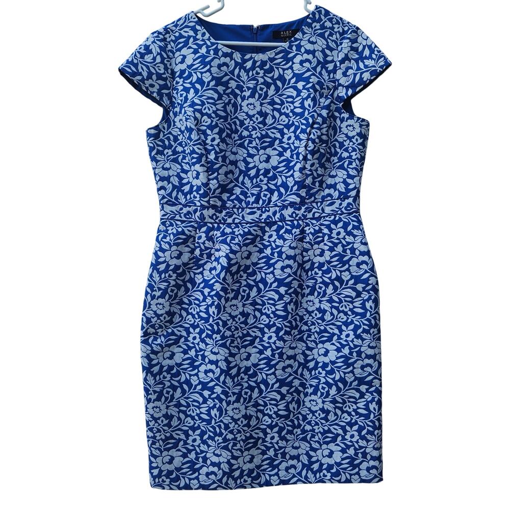 Alex Marie Blue White Cap Sleeve Dress MIDI Size 14 Career